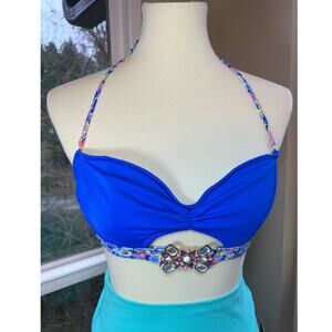 Victoria's Secret Bikini Top Halter Tie Embellished Y2K Blue Size Small